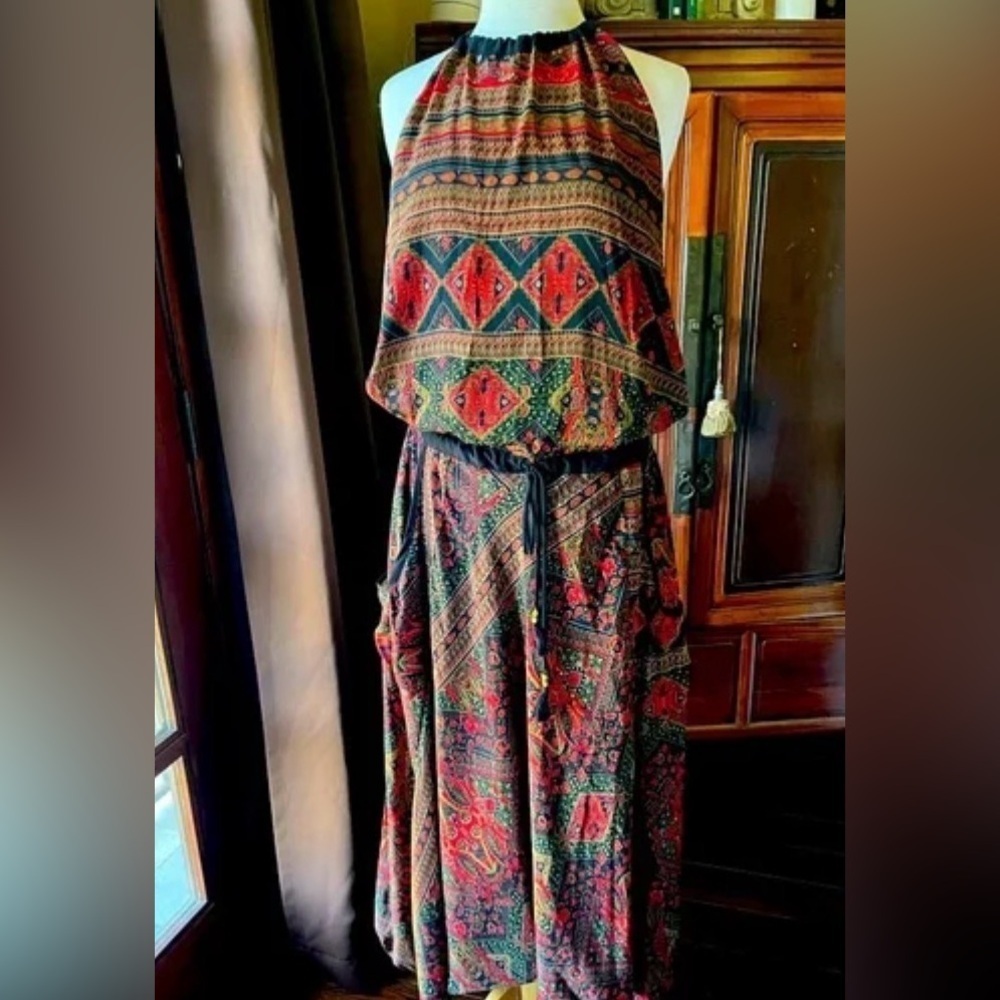 Karma Highway Halter Tie Neck Jumpsuit O/S Viscose Fabric Tassel Tie String